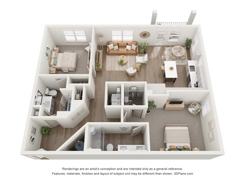 Floor plan for 2 beds, 2 baths, 1265 sqft